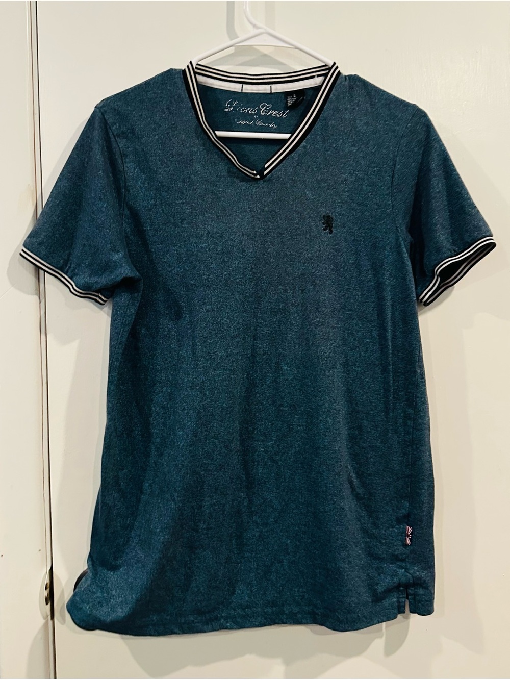 men size SMALL Teal V-Neck Polo Tee with Striped Trim